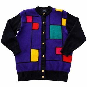 Vintage 80s Colorblock Geometric Wool Blend Cardigan Sweater Gold Buttons Size M